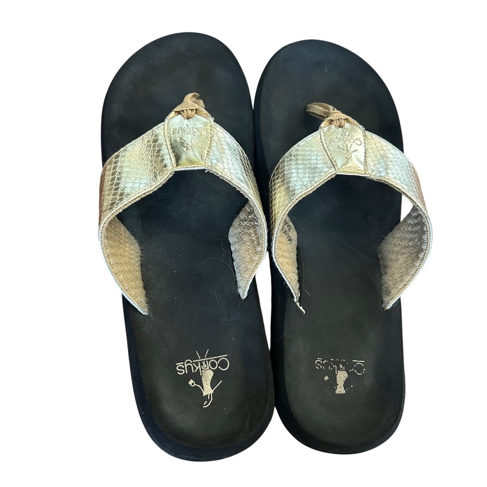 Corkys Flip Flops Women Gold Snakeskin Metallic Platform Wedge Sandals Size 9